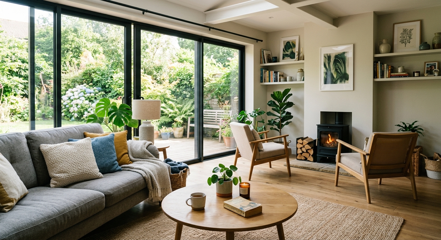 Intérieur d'une extension de maison aménagée en salon