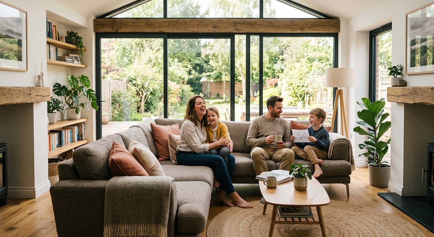 Intérieur d'une extension de maison lumineuse et chaleureuse